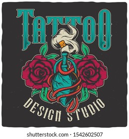 T-shirt or poster design with hand drawn illustration of roses and elexir.