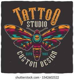 T-shirt or poster design with hand drawn illustration of butterfly.