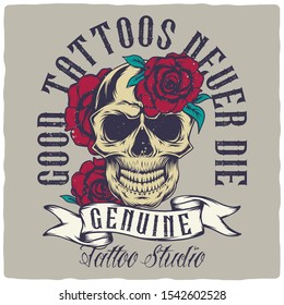 T-shirt or poster design with hand drawn illustration of skull and roses.