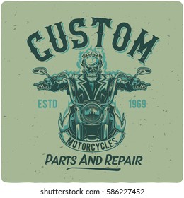 T-shirt or poster design with illustrated skeleton riding on the motorcycle.