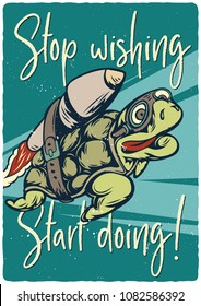 T-shirt or poster design with illustrated turtle on the rocket