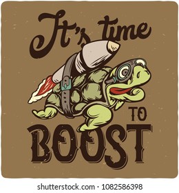 T-shirt or poster design with illustrated turtle on the rocket