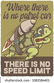T-shirt or poster design with illustrated turtle on the rocket