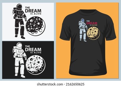 T-shirt or poster design with illustration. Astronaut and moon.
