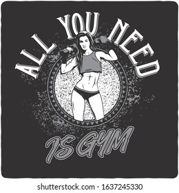T-shirt or poster design with illustration of athletic girl on dark background.
