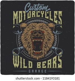 T-shirt or poster design with illustration of bear head. Label design with text composition.