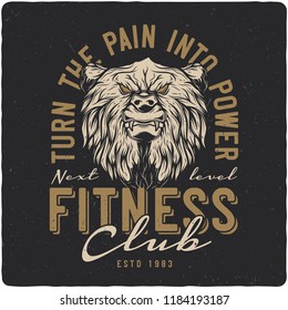 T-shirt or poster design with illustration of bear head. Label design with text composition.