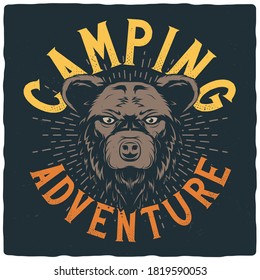 T-shirt or poster design with illustration of bear head. Ready apparel design.