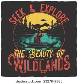 T-shirt or poster design with illustration of a bear on a canoe