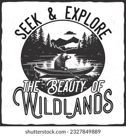 T-shirt or poster design with illustration of a bear on a canoe