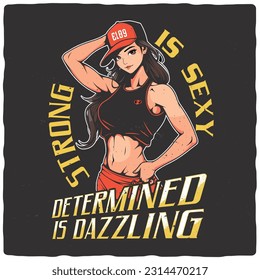T-shirt or poster design with illustration of beautiful female