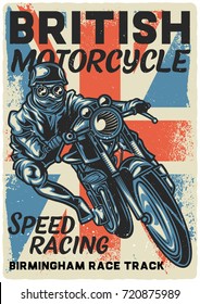 T-shirt or poster design with illustration of biker riding on vintage motorcycle