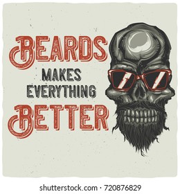 T-shirt or poster design with illustration of biker skull