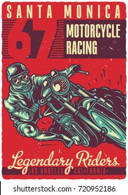 T-shirt Or Poster Design With Illustration Of Biker Riding On Vintage Motorcycle