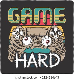 T-shirt or poster design with illustration of bone gamepad