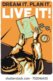 T-shirt or poster design with illustration of a boy near the table.