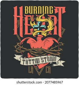 T-shirt or poster design with illustration of burning heart with ivy and ribbon