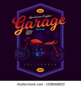 T-shirt or poster design with an illustration of an cafe racer motorcycle. Design with text composition in neon style