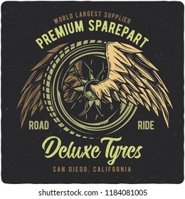 T-shirt or poster design with illustration of car wheel and wings. Label design with text composition.