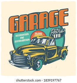 T-shirt or poster design with illustration of classic car