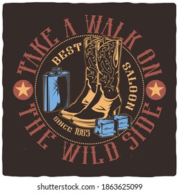 T-shirt or poster design with illustration of cowboy boots, flask and ice