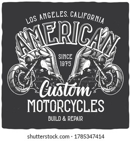 T-shirt or poster design with illustration of custom motorcycles and wings. Ready apparel design.