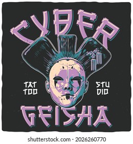 T-shirt or poster design with illustration of cyber geisha