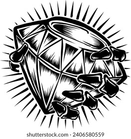 T-shirt or poster design with an illustration of a diamond held in a skull