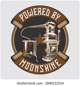 T-shirt or poster design with illustration of distiller