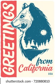 T-shirt or poster design with illustration of double exposure of bear and night forest