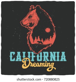 T-shirt or poster design with illustration of double exposure of bear and night forest