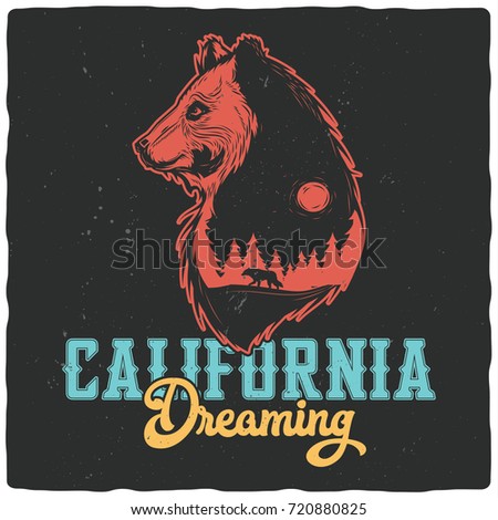 T-shirt or poster design with illustration of double exposure of bear and night forest