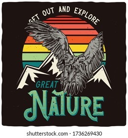 T-shirt or poster design with illustration of a eagle