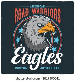 T-shirt or poster design with illustration of eagle head. Ready apparel design.
