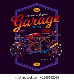 T-shirt or poster design with an illustration of an The fastest motorcycle. Superbike. Design with text composition in neon style