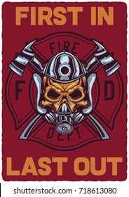 T-shirt or poster design with illustration of firefighter's skull