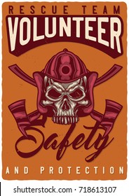 T-shirt or poster design with illustration of firefighter's skull