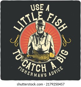 T-shirt or poster design with illustration of fisherman with big fish