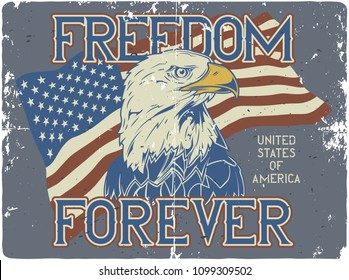 T-shirt or poster design with illustration of flag of usa and eagle's head