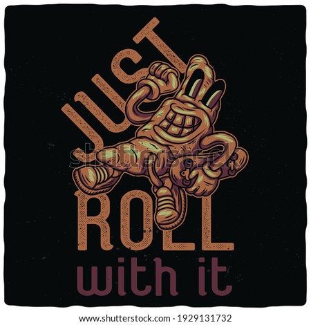 T-shirt or poster design with illustration of funny croissant with skateboard