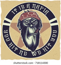 T-shirt or poster design with illustration of a gangster monkey. Made with 'Hoodlum' typeface.