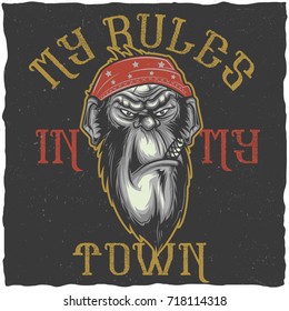 T-shirt or poster design with illustration of a gangster monkey. Made with 'Hoodlum' typeface.