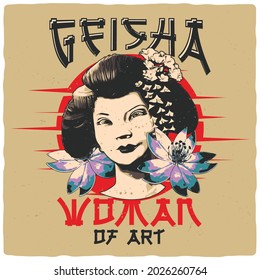 T-shirt or poster design with illustration of geisha