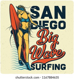 T-shirt or poster design with illustration of girl with surfing board. Design with text composition.