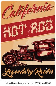 T-shirt or poster design with illustration of hot rod