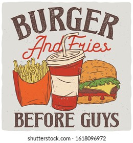 T-shirt or poster design with illustration of isolated fast food set.