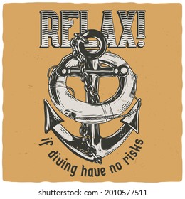 T-shirt or poster design with illustration of lifebuoy and anchor