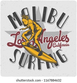 T-shirt or poster design with illustration of men on surfing board. Design with text composition.