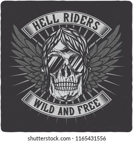 T-shirt or poster design with illustration of motorcycle biker's skull. Design with text composition.