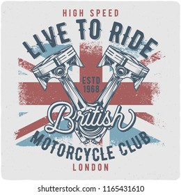 T-shirt or poster design with illustration of motorcycle pistons. Design with text composition.